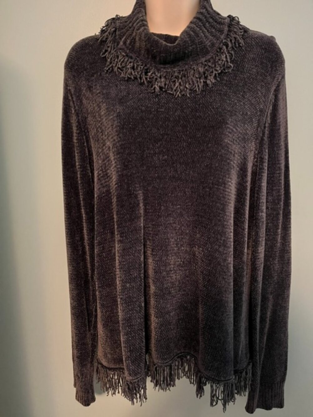 Rafaella Plush Blue Cowl Neck Sweater with Fringe, Size L